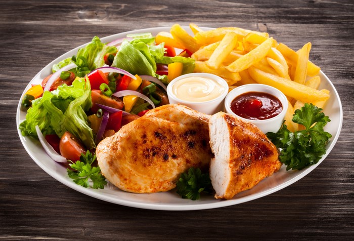 Chicken breast with french fries and salad