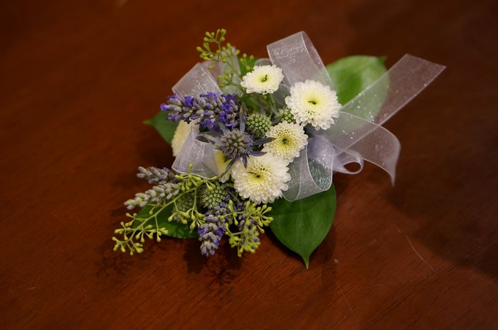 Boutonniere with Lavender, Chrysanthemums, and Ribbon