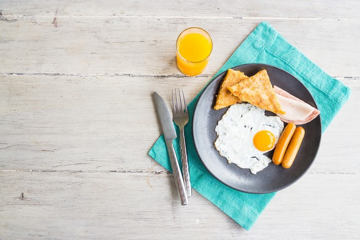 Breakfast plate with fried egg, sausages, toast, and orange juice