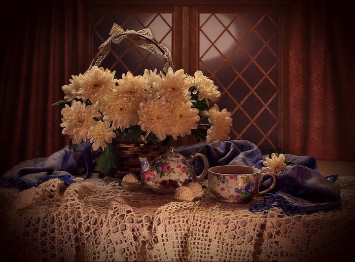 Still life with chrysanthemums, tea set, and candies