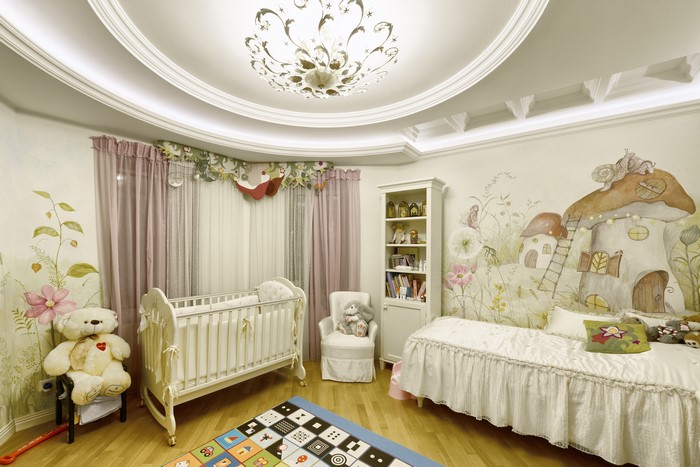 Children's room with teddy bear and crib