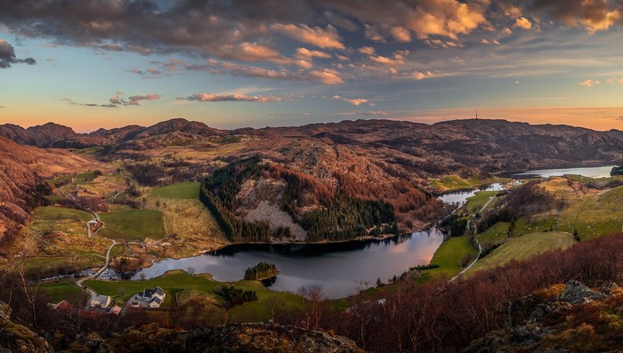 Panoramic view of Rogaland, Norway with lakes and hills