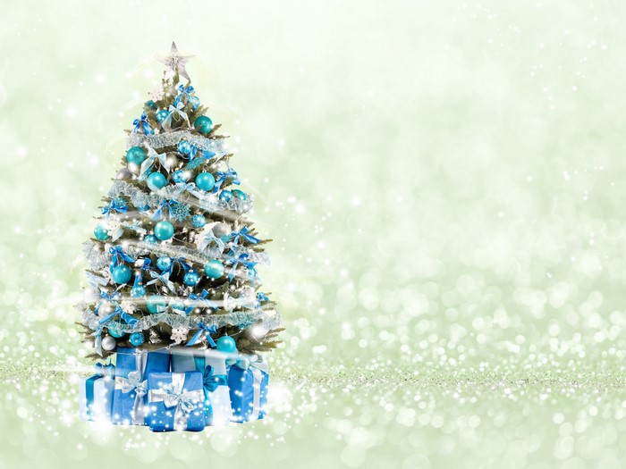 Christmas tree with blue ornaments and gifts