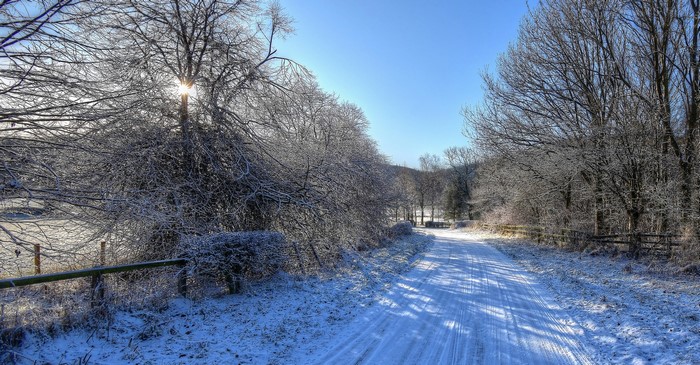 Snowy road in Yorkshire, England during winter