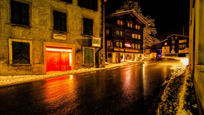 Muenster Goms, Switzerland Street at Night in Winter