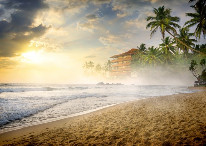Tropical beach with hotel and palm trees at sunset