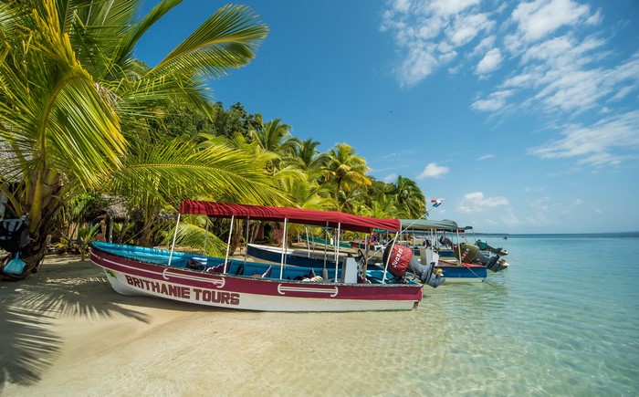 Motorboats on the coast of Isla Colon, Panama
