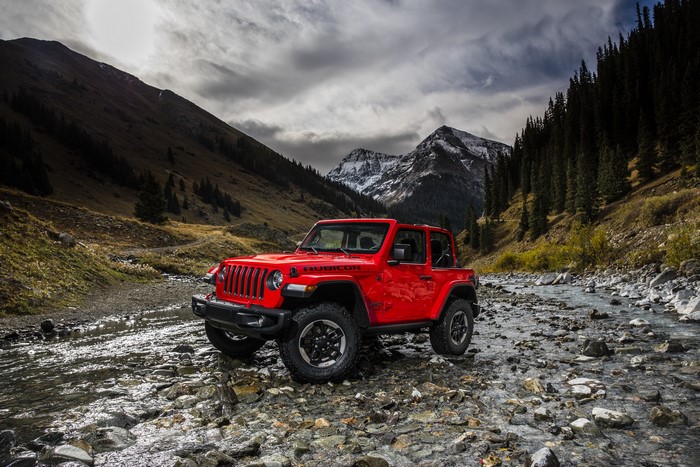 Red Jeep Wrangler Rubicon in Mountains