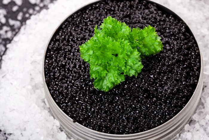 Black Caviar in a Metal Bowl with Parsley