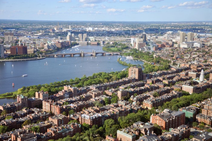 Aerial view of Boston houses and Charles River