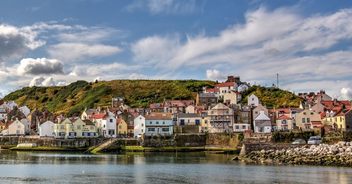 Staithes, England: Houses on a Hillside Overlooking a River