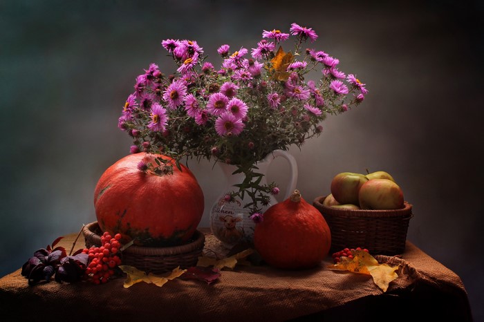 Autumn Still Life with Pumpkins and Asters