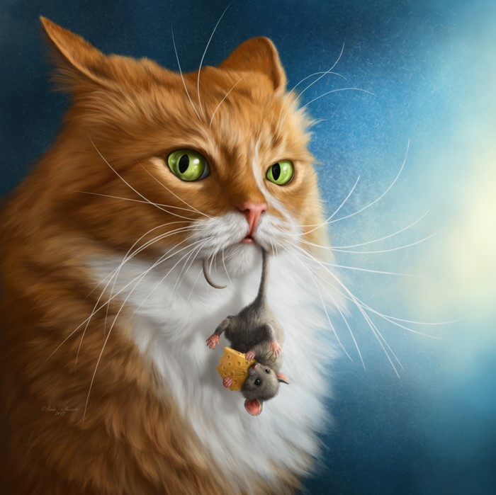Orange cat holding a mouse with cheese