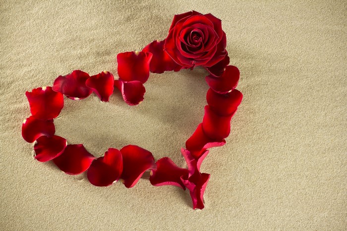 Red rose petals arranged in a heart shape on sand