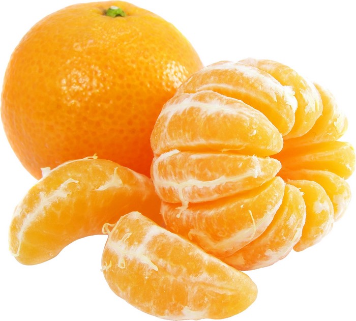 Peeled Mandarin oranges on a white background