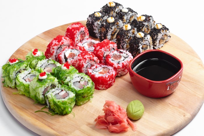 Sushi platter with soy sauce and ginger