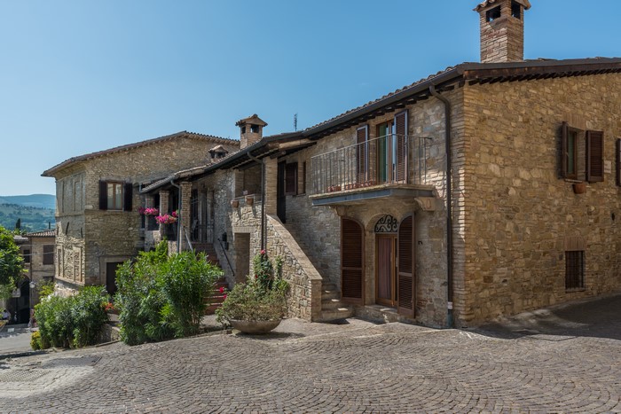Stone houses and street in Bevagna, Umbria, Italy