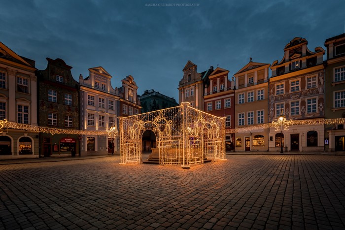 Poznan Town Square at Night with Fairy Lights