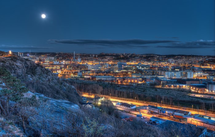 Gothenburg, Sweden at Night with Moon