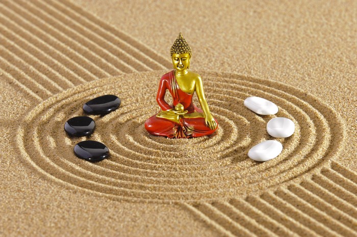 Zen garden with Buddha statue and stones