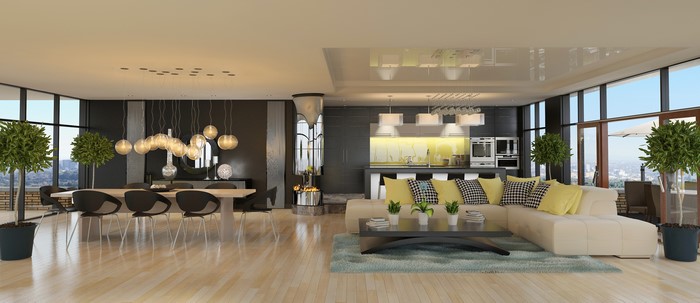 Modern open-plan living and dining room with city view