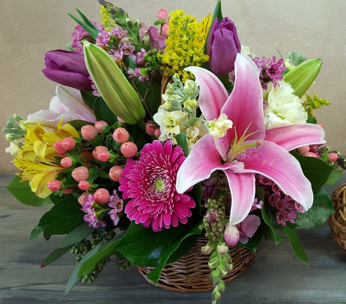 Pink Lily and Gerbera Flower Arrangement in Basket