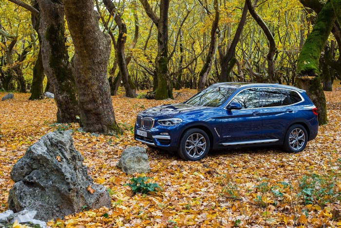 Blue BMW X3 xDrive20d xLine in Autumn Forest