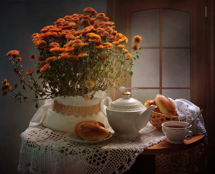 Still-life with Chrysanthemums, Kettle, Buns, and Tea