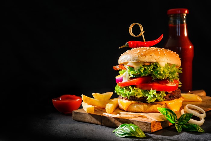 4K Juicy Hamburger with French Fries and Ketchup