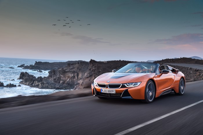 Orange 2018 BMW i8 Roadster in Motion