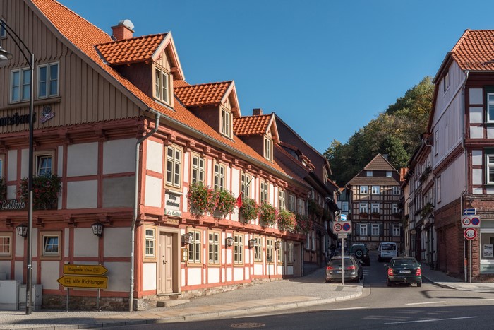 Half-timbered houses on a street in Germany