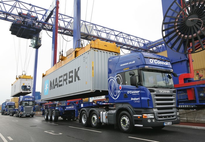 Maersk Container being loaded onto O'Connor Scania Truck at Port
