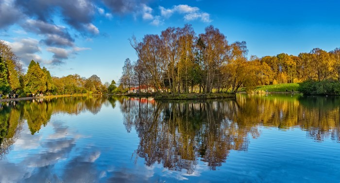 Lake with island and autumn trees in Scotland