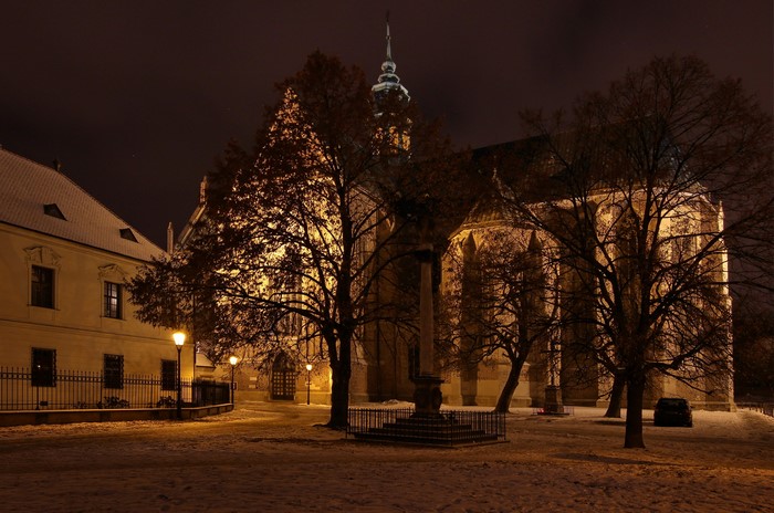 Night view of a church and buildings in Brno, Czech Republic