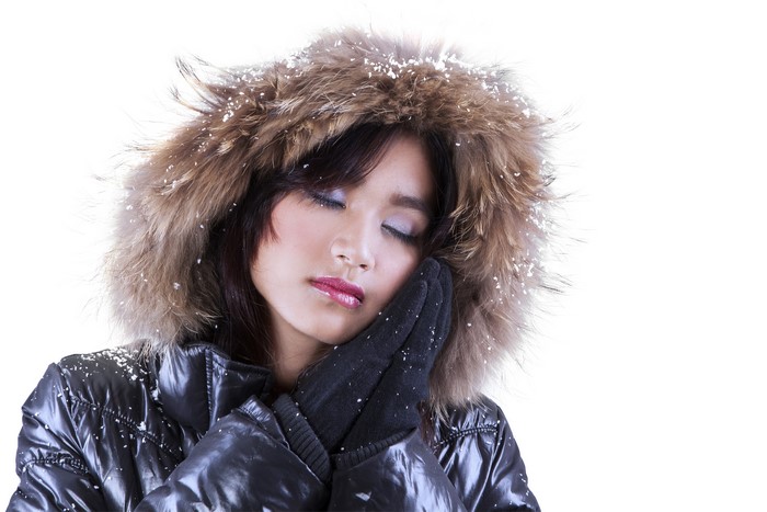Woman in winter coat with fur hood and gloves