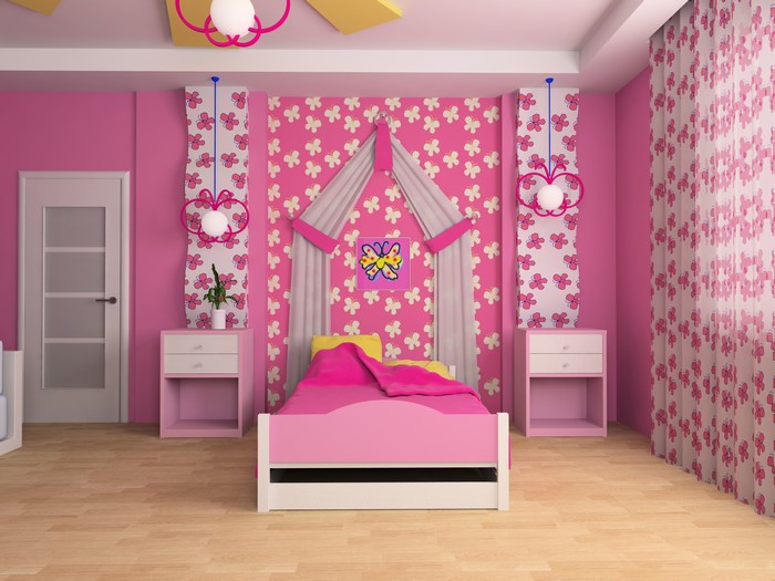 Children's room design with a pink bed