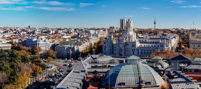 Madrid cityscape with Palacio de Cibeles and TV tower