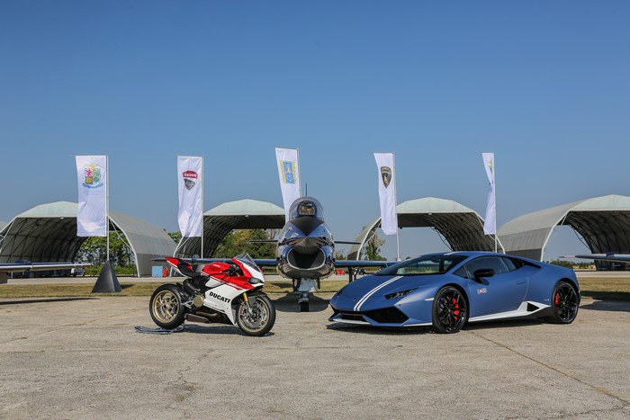 Lamborghini Huracan Avio, Ducati motorcycle, and jet airplane