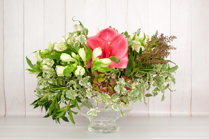 Amaryllis and Alstroemeria bouquet in a glass vase