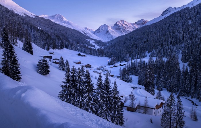 4K Winter Mountains Forest Houses Snow Spruce