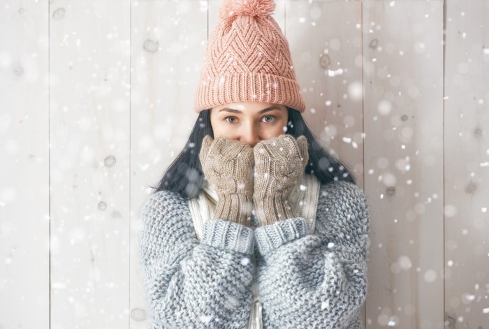 Brunette girl in winter hat and mittens