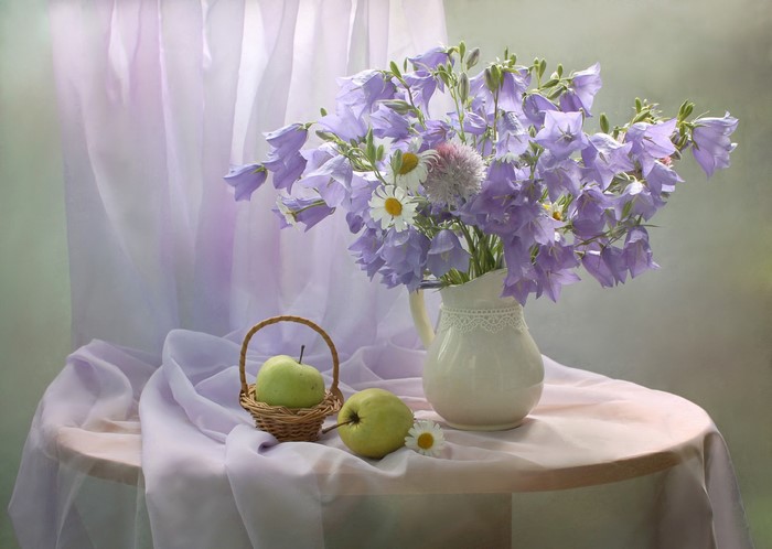 Still-life with Campanula, Camomiles, Apples, and Vase