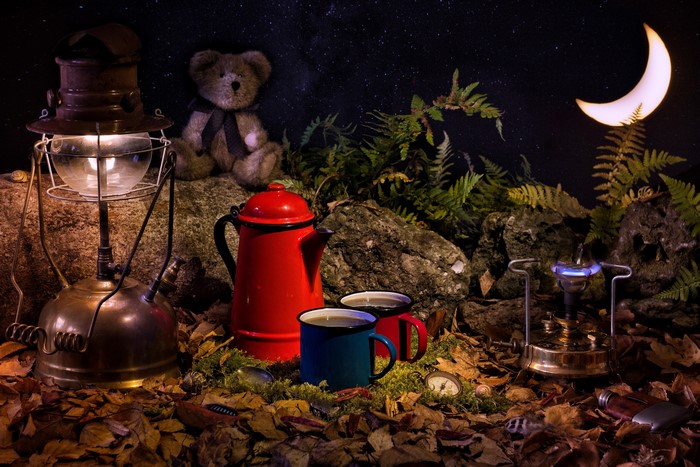 Camping scene with teddy bear, lantern, and coffee