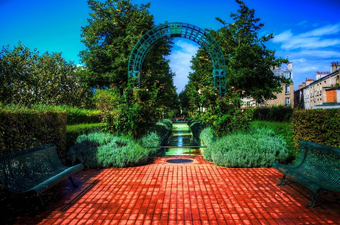 Park in Paris with Archway and Benches