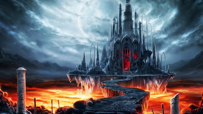 Gothic Castle on a Floating Island Above Lava