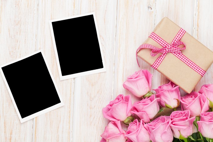Gift and Pink Roses with Photo Frames