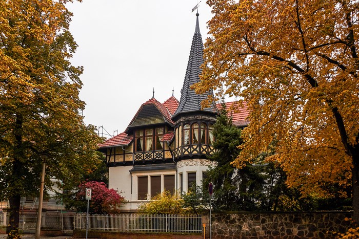 Autumn view of a historic mansion in Quedlinburg, Germany