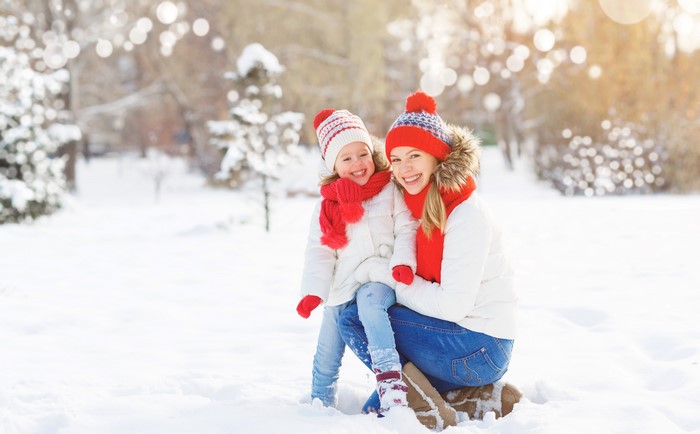 Mother and daughter in winter hats and scarves