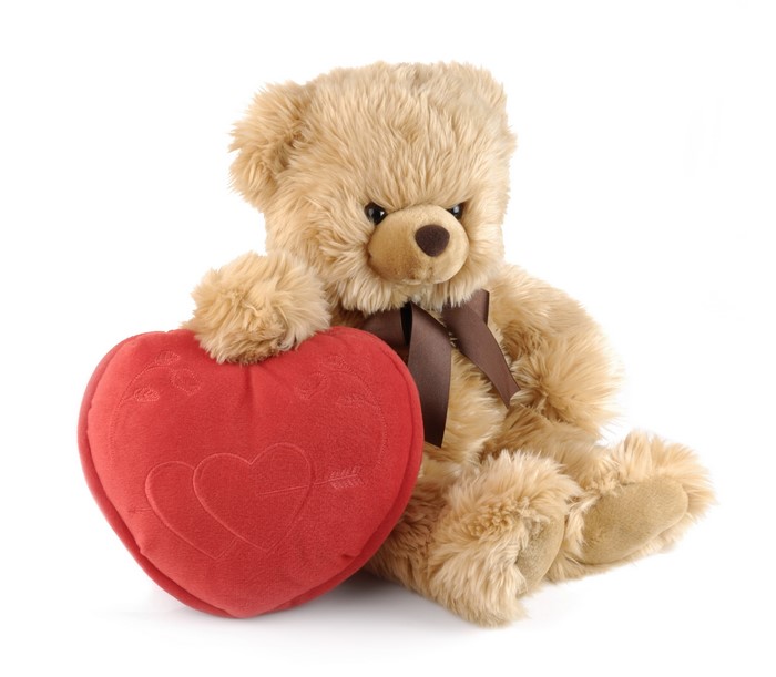 Teddy bear holding a red heart on white background