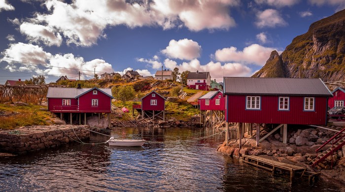 Red houses on stilts in Reine, Lofoten, Norway